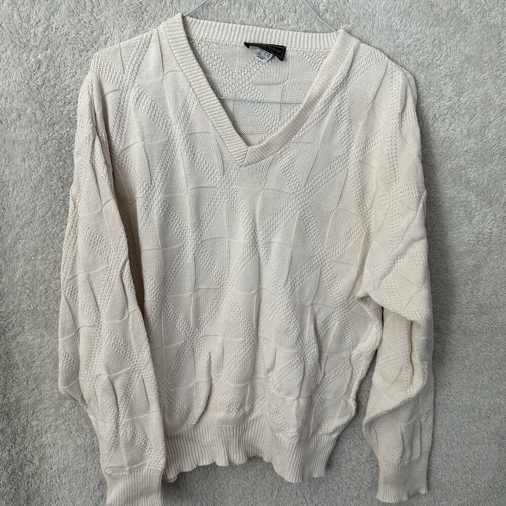 Vintage Sweater Large Off White 3D Knit Pullover V Neck 100% Cotton USA Chunky
